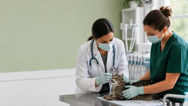 Veterinary team providing dental care for a calm cat in a clinic.