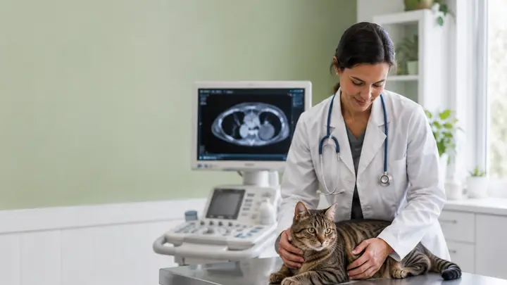 Veterinarian examining a cat with diagnostic equipment visible in the background.