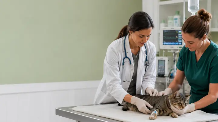 Veterinary team monitoring and treating a cat in a hospital setting.