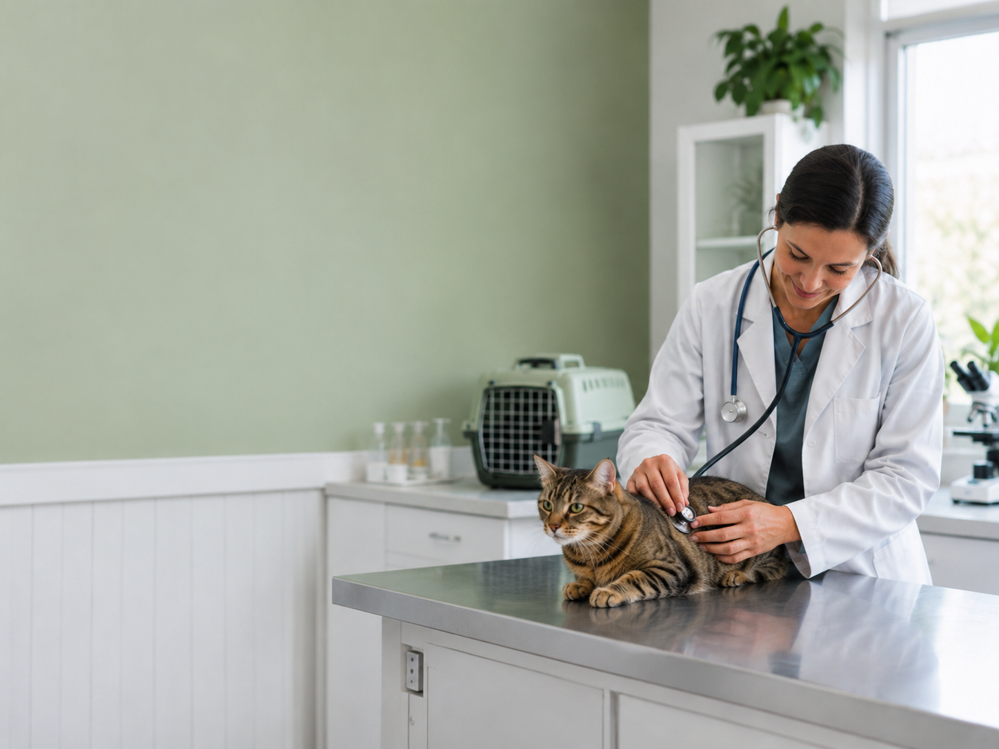 Veterinarian gently examining a cat in a clinic setting.