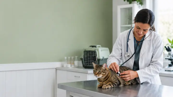 Veterinarian gently examining a cat in a clinic with a urinary-care consultation context.