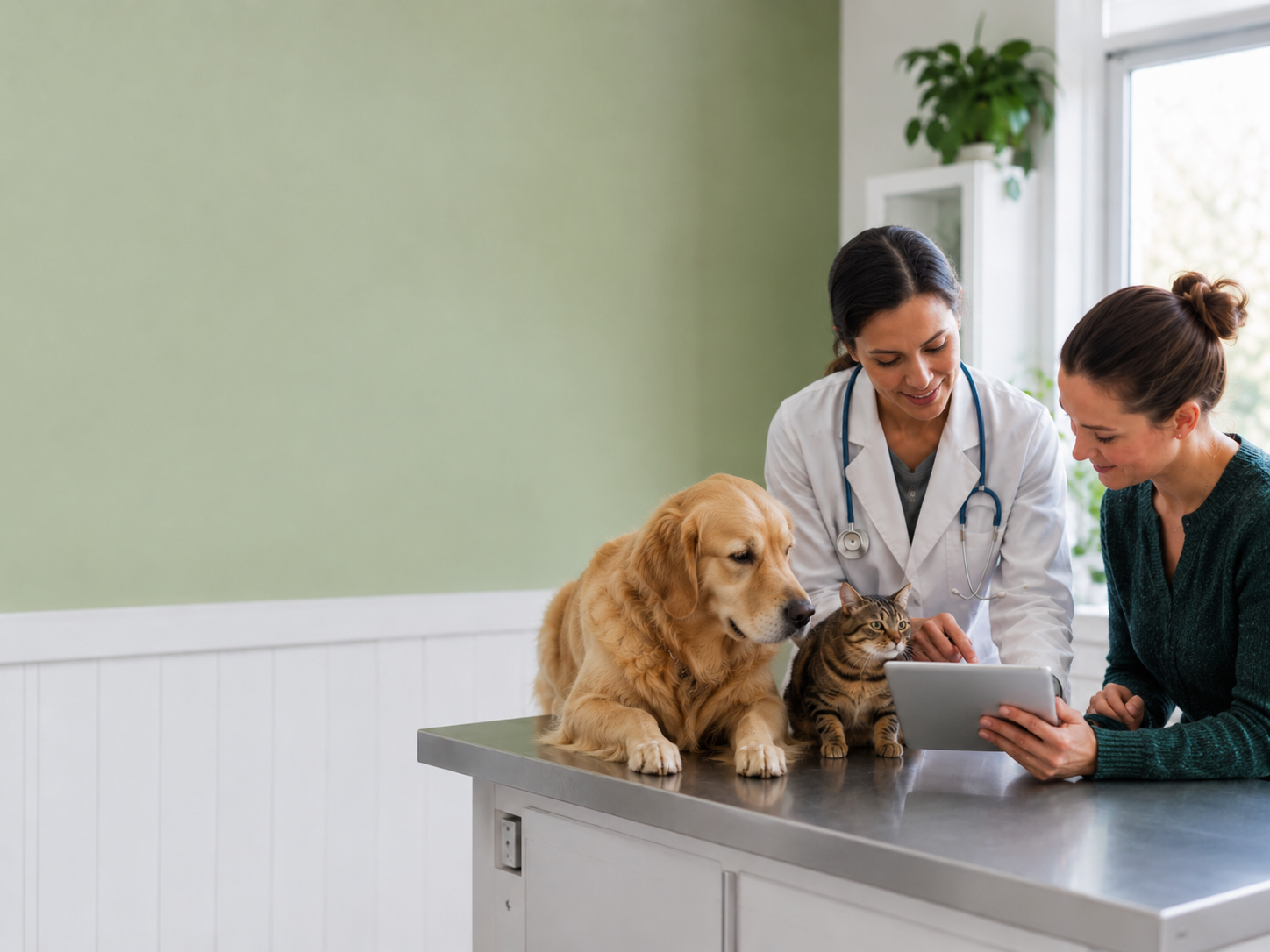 Veterinarian discussing pet treatment options with an owner.