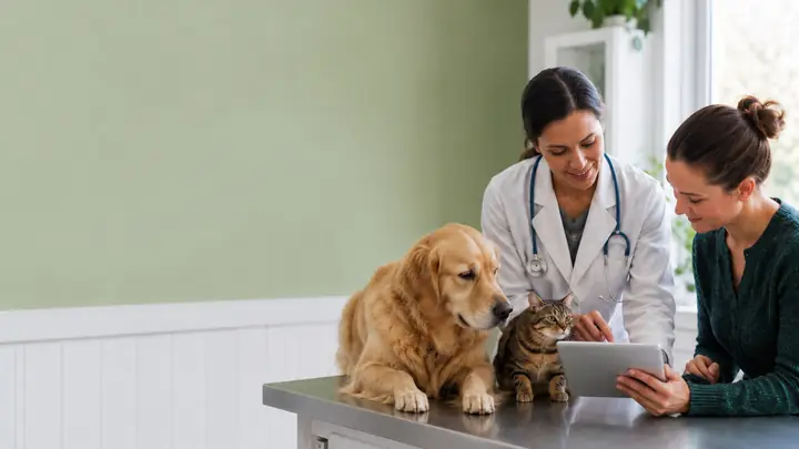 Veterinarian discussing a treatment plan with a pet owner while a dog and cat are present.