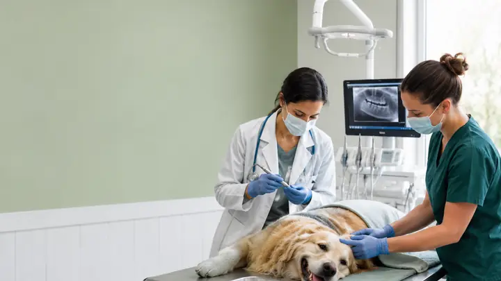 Dog receiving veterinary dental care in a clean clinic dental suite.