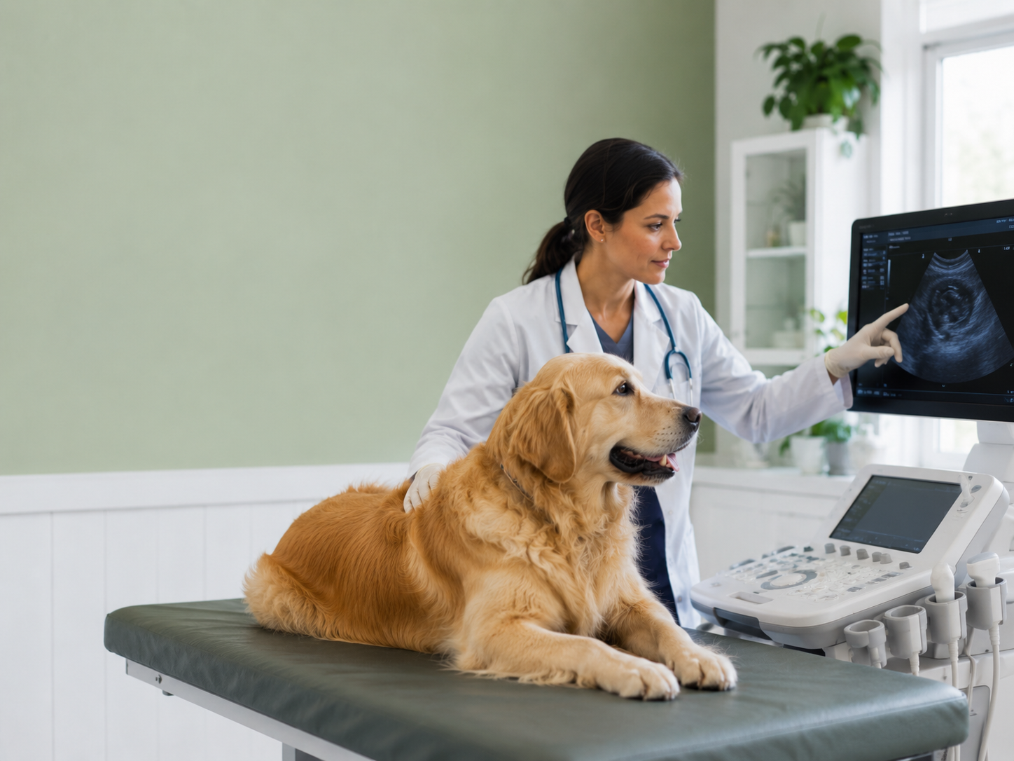 Veterinary professional reviewing diagnostic imaging in a clinic.