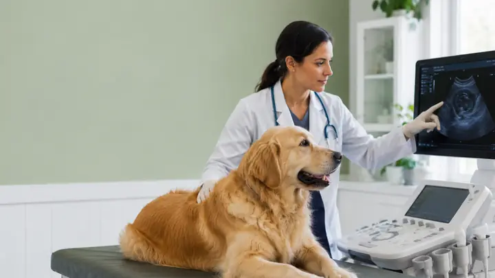 Veterinarian reviewing diagnostic imaging for a dog in a modern clinic.
