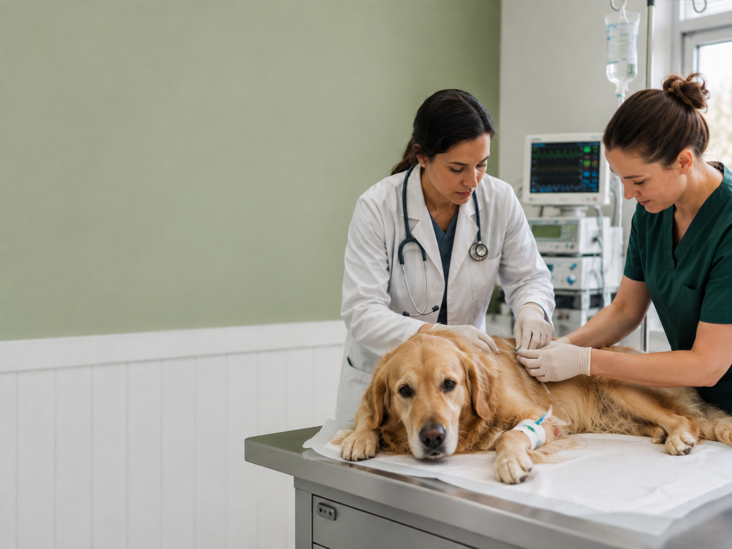 Veterinary team caring for a dog in a hospital treatment setting.