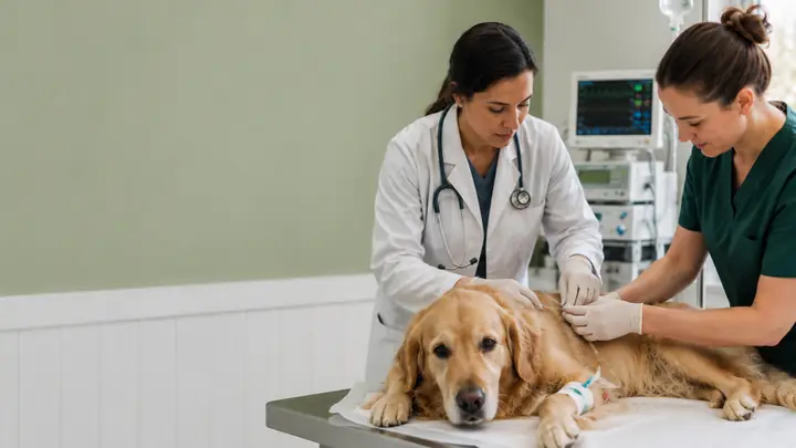 Veterinary team caring for a dog in a hospital treatment setting.