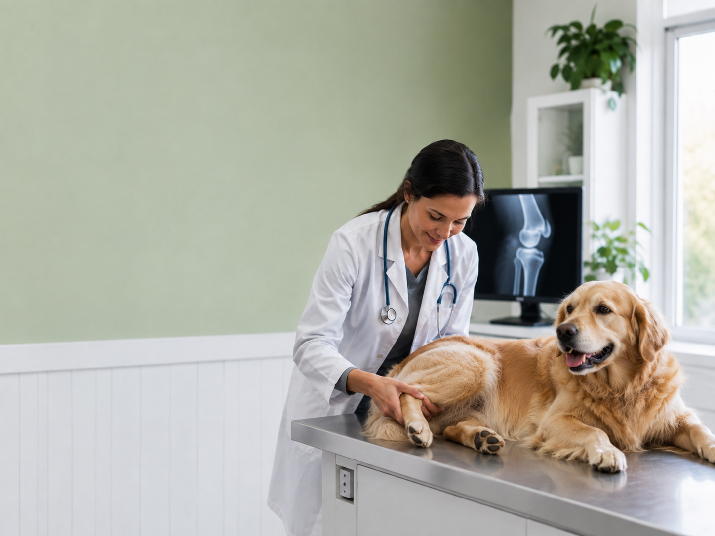 Veterinarian examining a dog's hind leg while reviewing a knee X-ray.