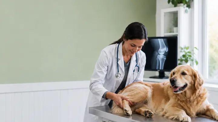 Veterinarian examining a dog's knee or hind leg with an orthopedic X-ray in the background.