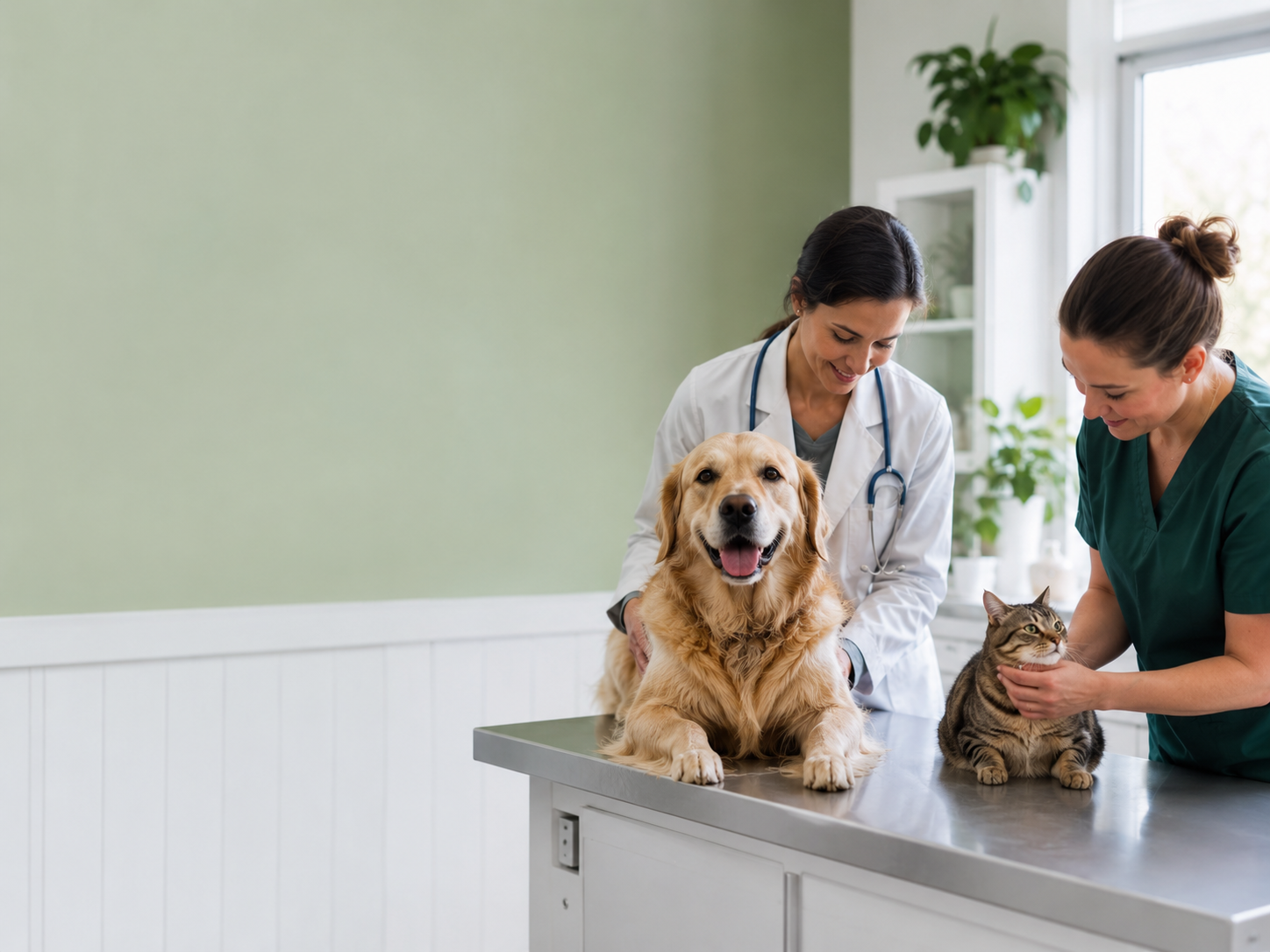 Veterinary team with a dog and cat in a clean clinic exam room.