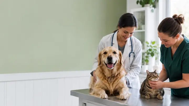 Veterinary team examining a cat in a clean clinic setting.